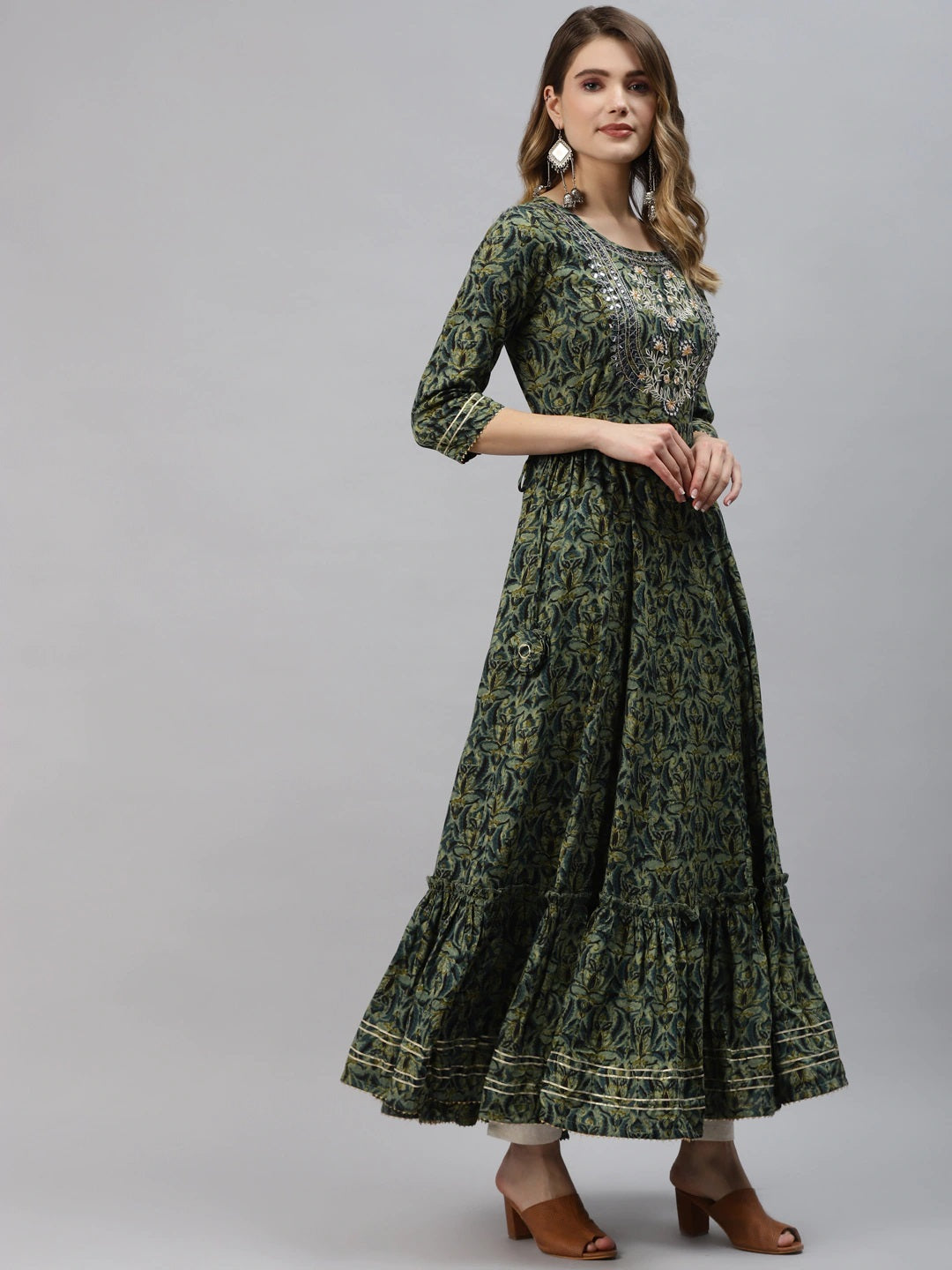 Women’s Dark Green Floral Anarkali Kurta with Mirror Work