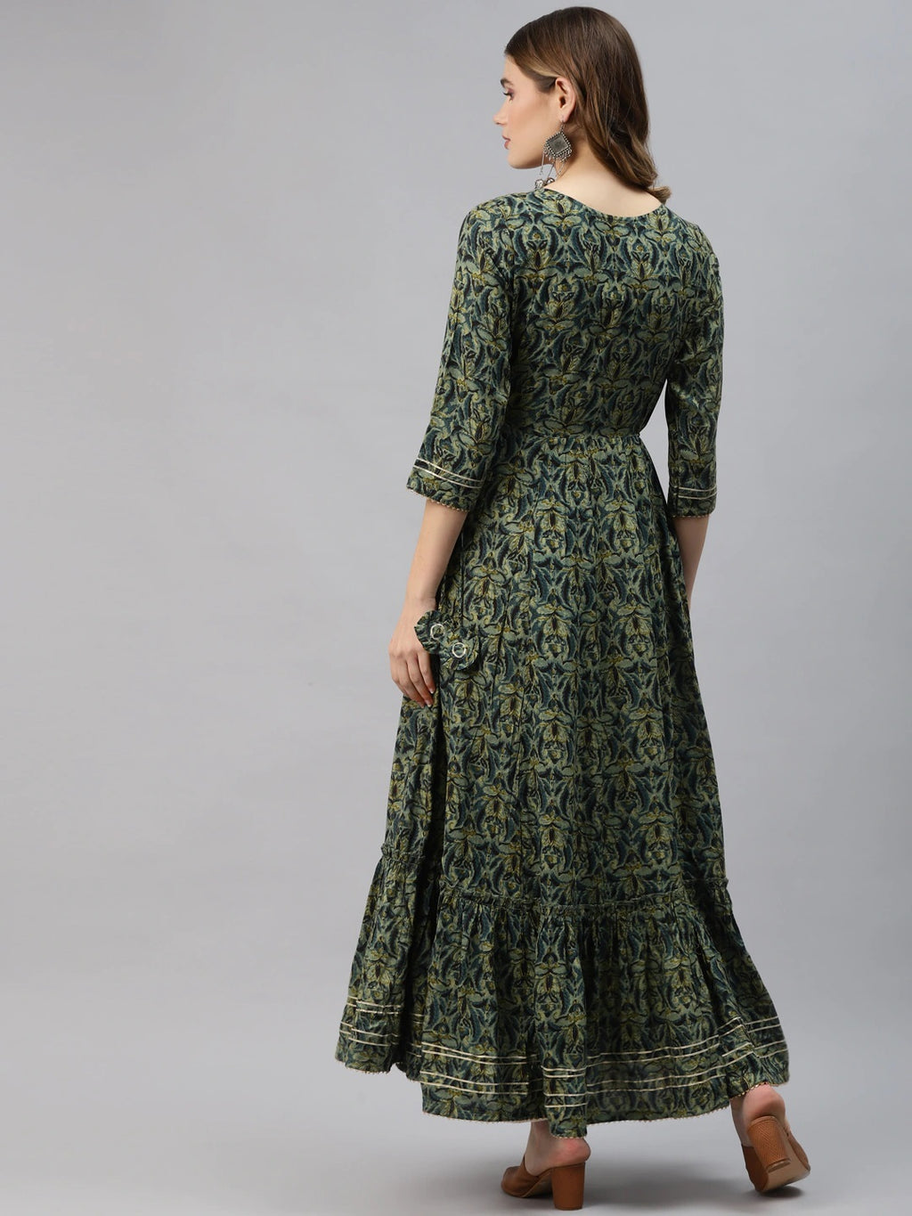 Women’s Dark Green Floral Anarkali Kurta with Mirror Work