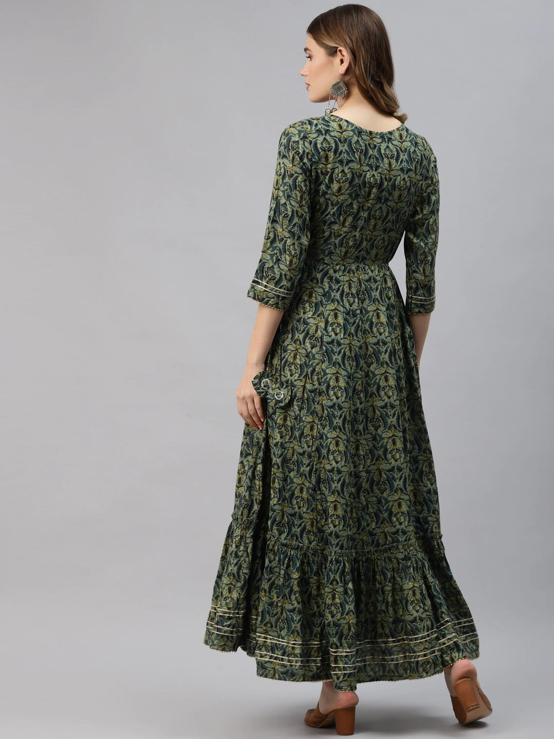 Women’s Dark Green Floral Anarkali Kurta with Mirror Work