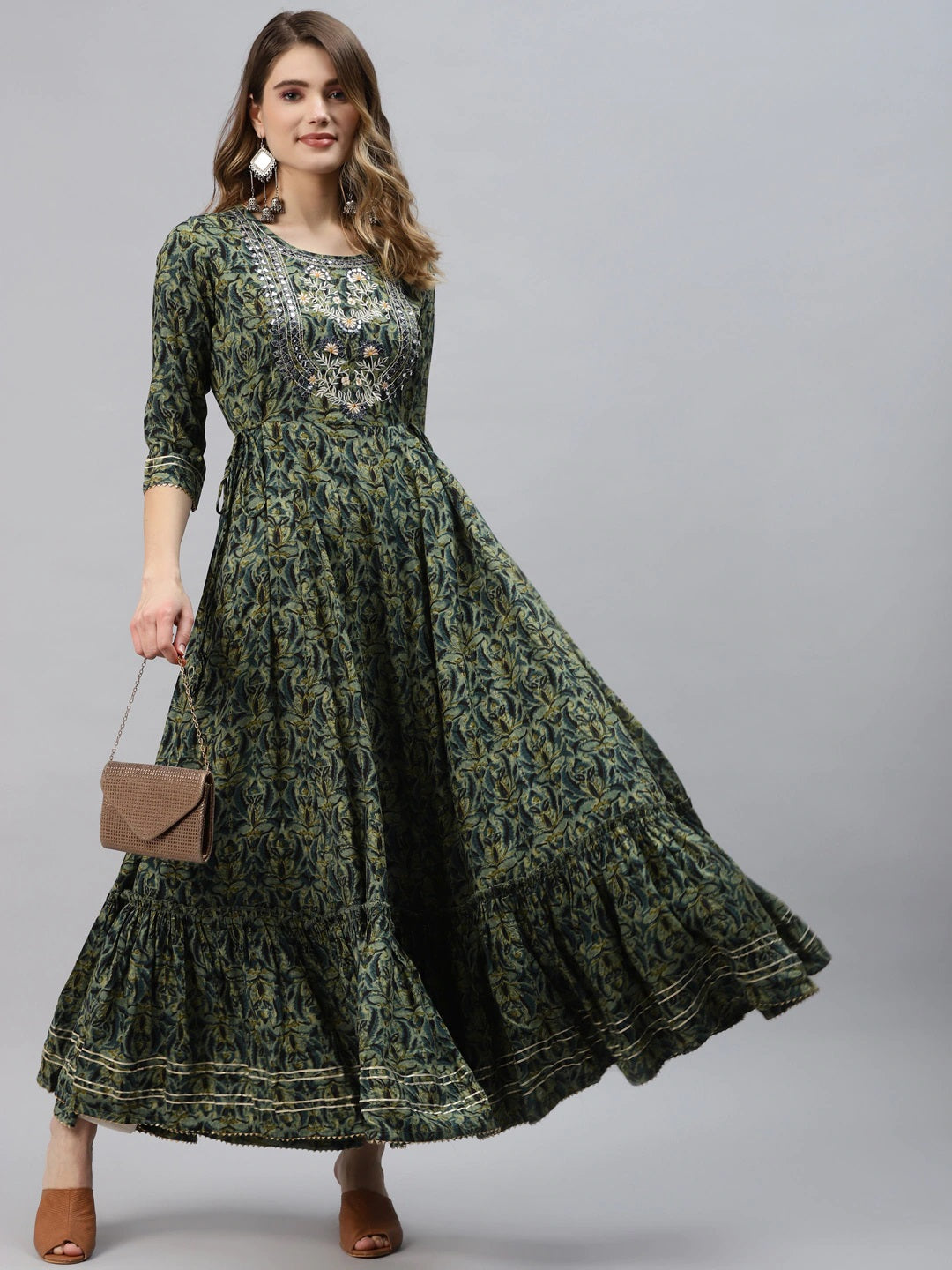 Women’s Dark Green Floral Anarkali Kurta with Mirror Work