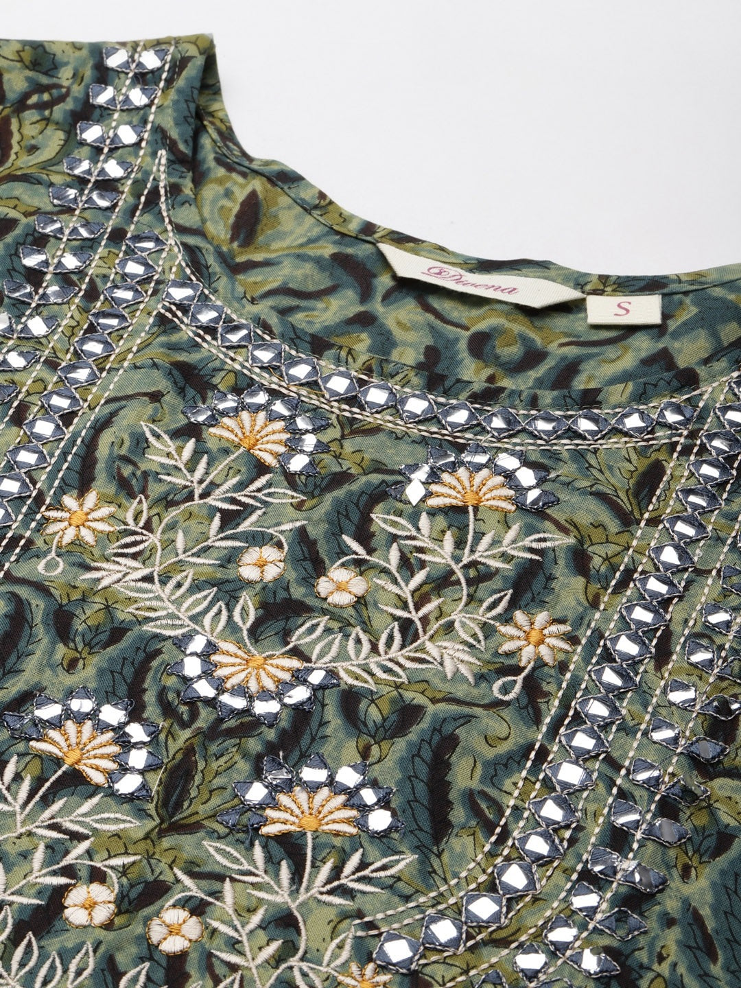 Women’s Dark Green Floral Anarkali Kurta with Mirror Work