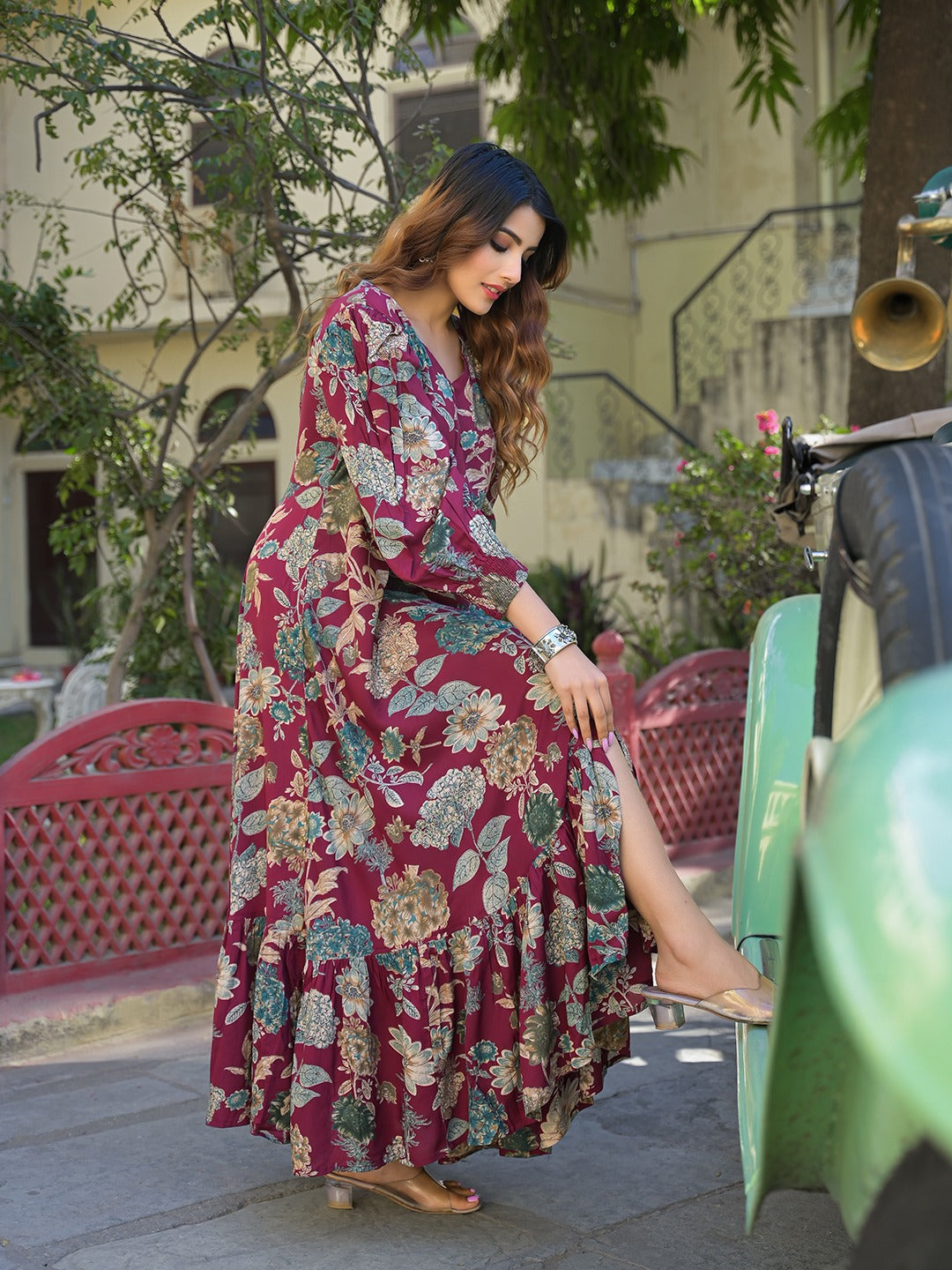 Women’s Maroon Floral Printed Viscose Rayon Maxi Flare Dress