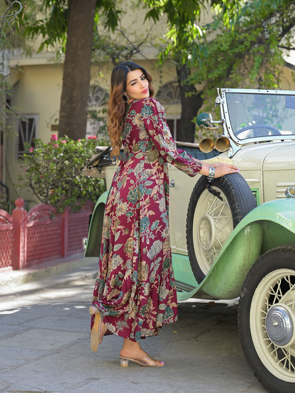 Women’s Maroon Floral Printed Viscose Rayon Maxi Flare Dress