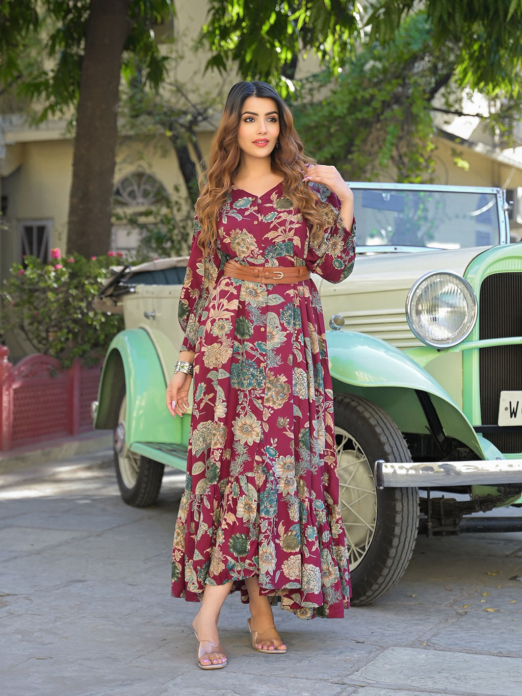 Women’s Maroon Floral Printed Viscose Rayon Maxi Flare Dress