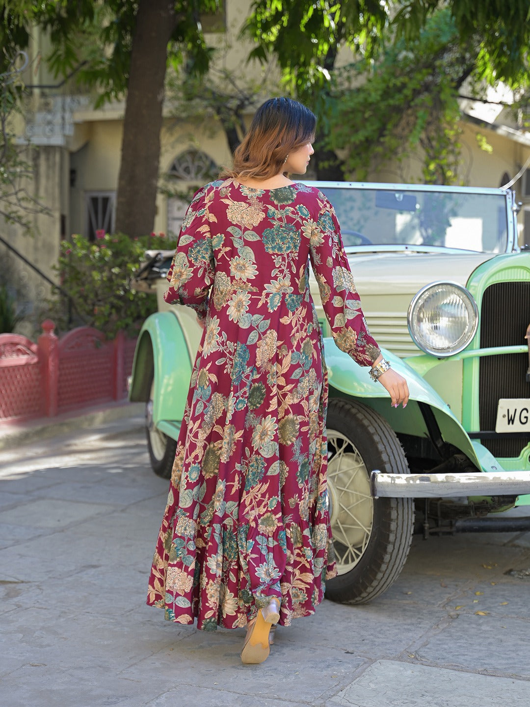 Women’s Maroon Floral Printed Viscose Rayon Maxi Flare Dress