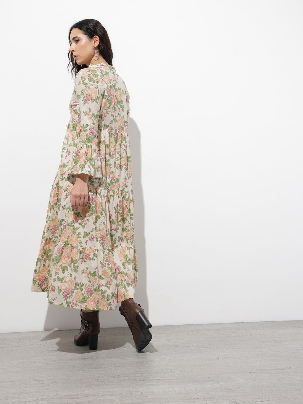 Women’s Cream Floral Print Cotton Fit & Flare Midi Dress