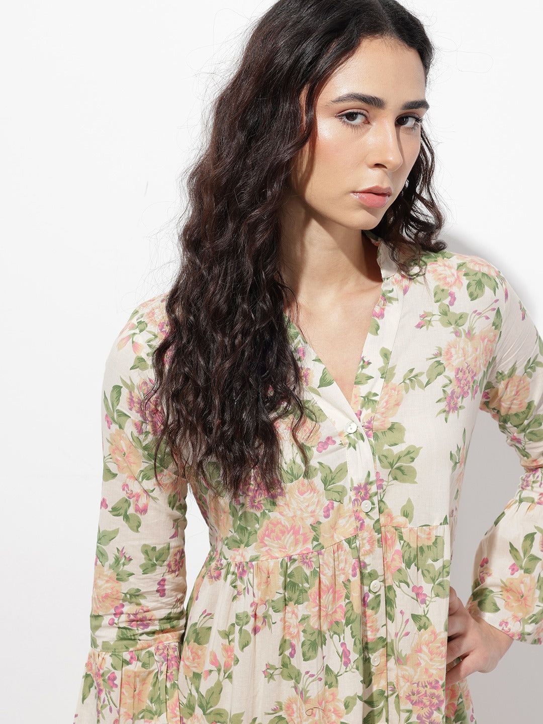 Women’s Cream Floral Print Cotton Fit & Flare Midi Dress