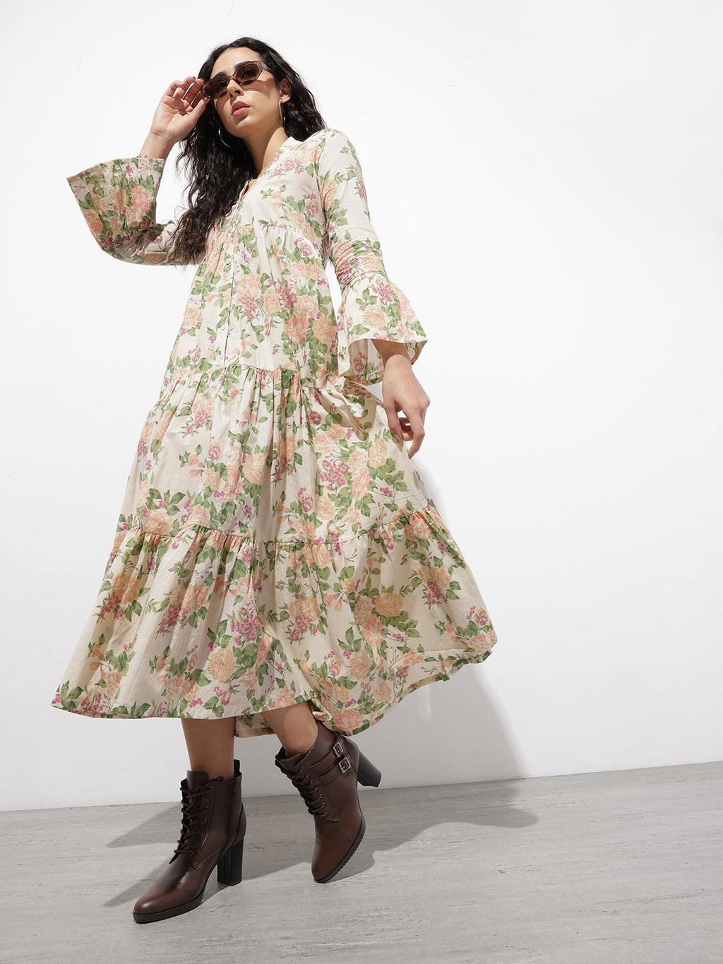 Women’s Cream Floral Print Cotton Fit & Flare Midi Dress