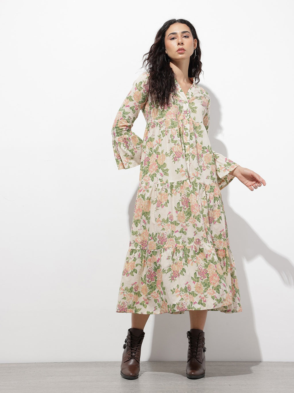 Women’s Cream Floral Print Cotton Fit & Flare Midi Dress
