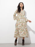 Women’s Cream Floral Print Cotton Fit & Flare Midi Dress