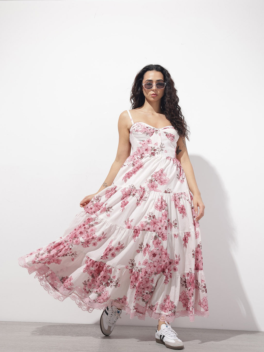 Women’s Pink & White Floral Print Cotton Fit & Flare Dress