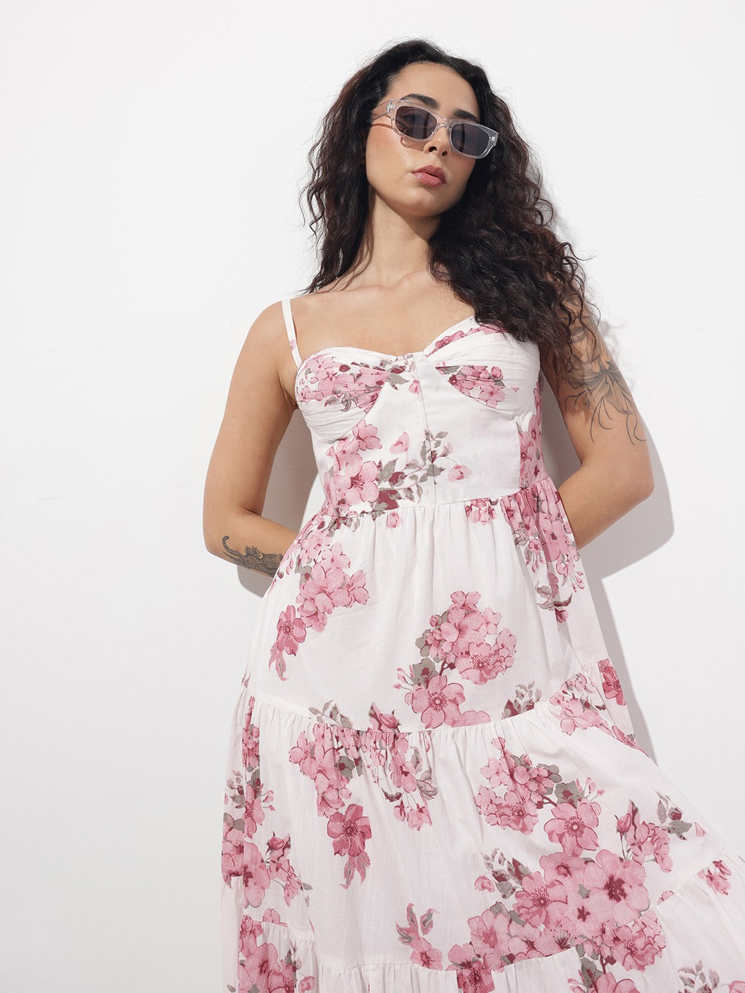Women’s Pink & White Floral Print Cotton Fit & Flare Dress