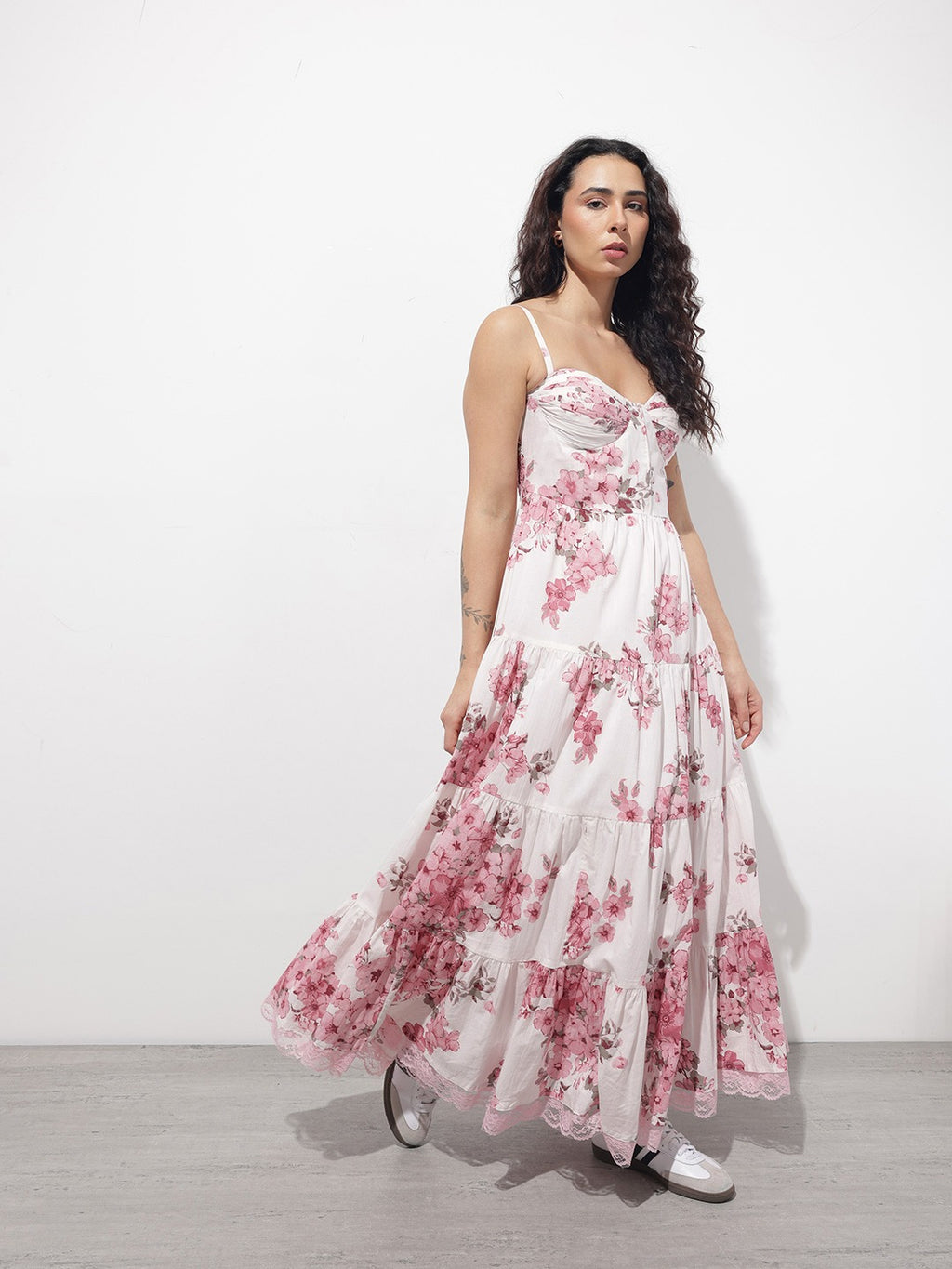 Women’s Pink & White Floral Print Cotton Fit & Flare Dress