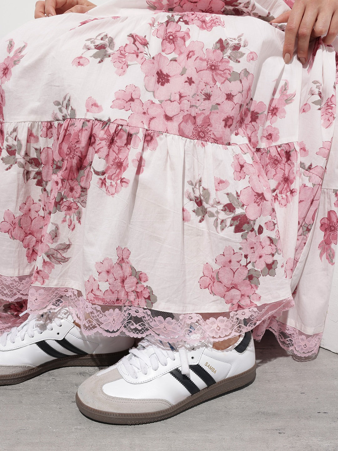 Women’s Pink & White Floral Print Cotton Fit & Flare Dress