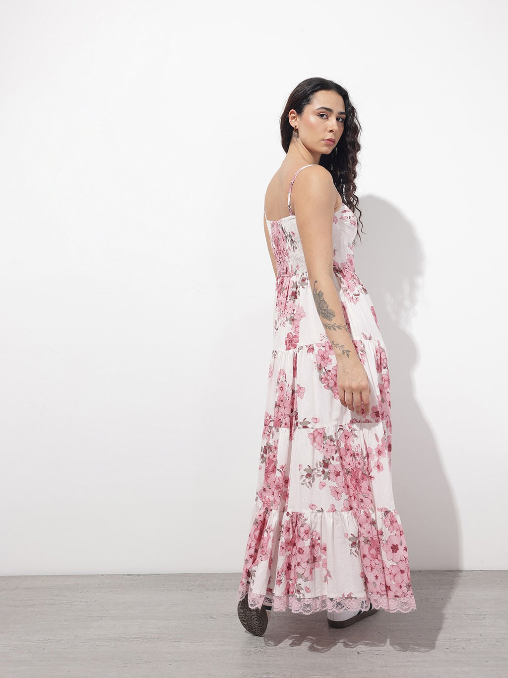 Women’s Pink & White Floral Print Cotton Fit & Flare Dress