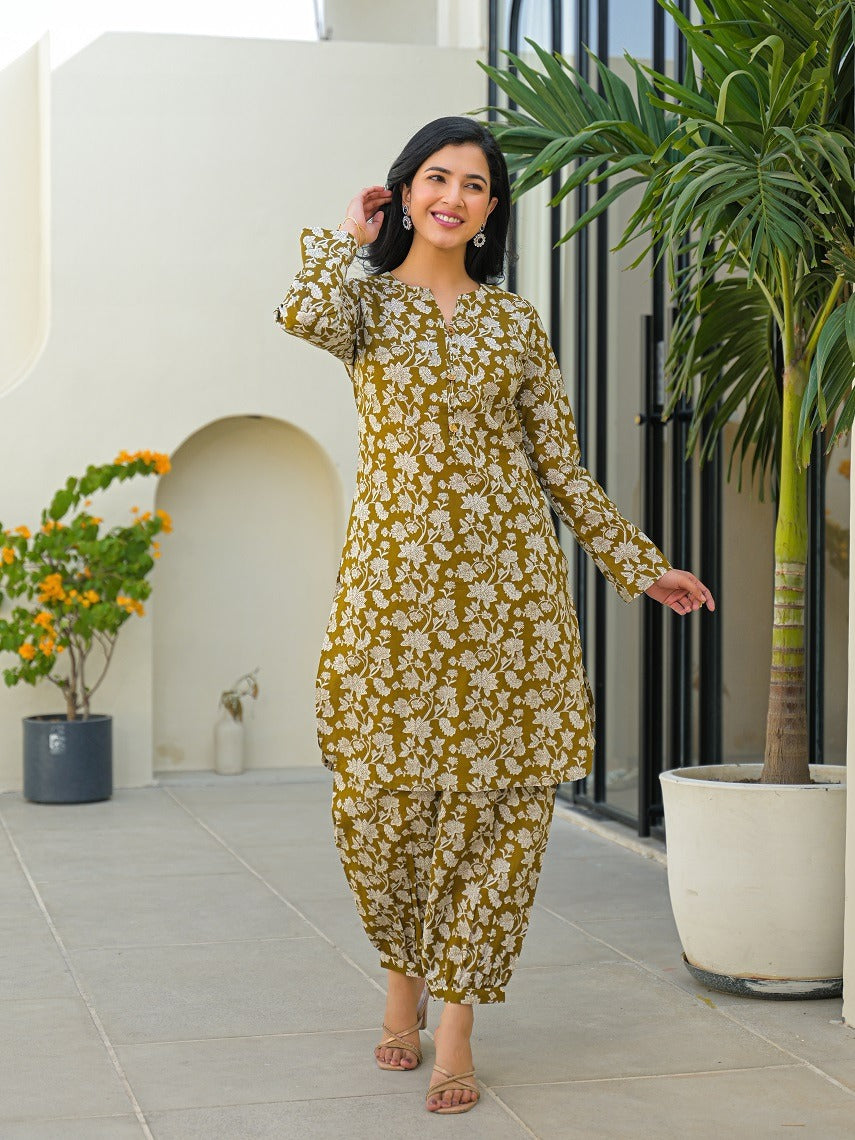 Women’s Olive Green Pure Cotton Kurta Afghani Co-ord Set