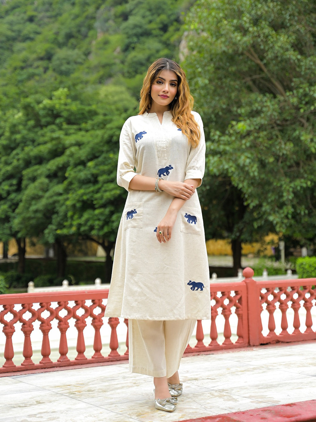 Women’s Off-White Embroidered Cotton Flex A-Line Kurta Palazzo Set