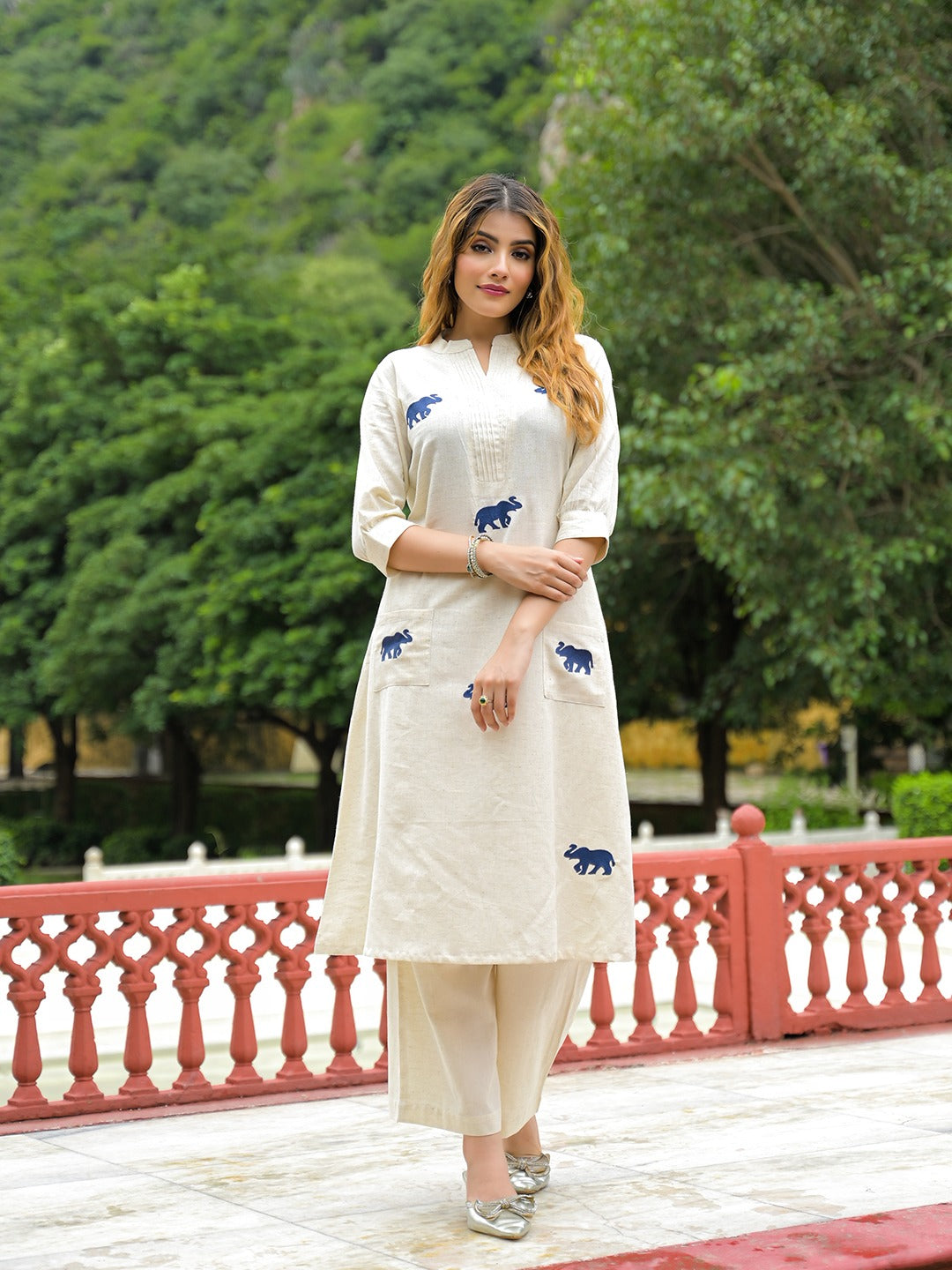 Women’s Off-White Embroidered Cotton Flex A-Line Kurta Palazzo Set