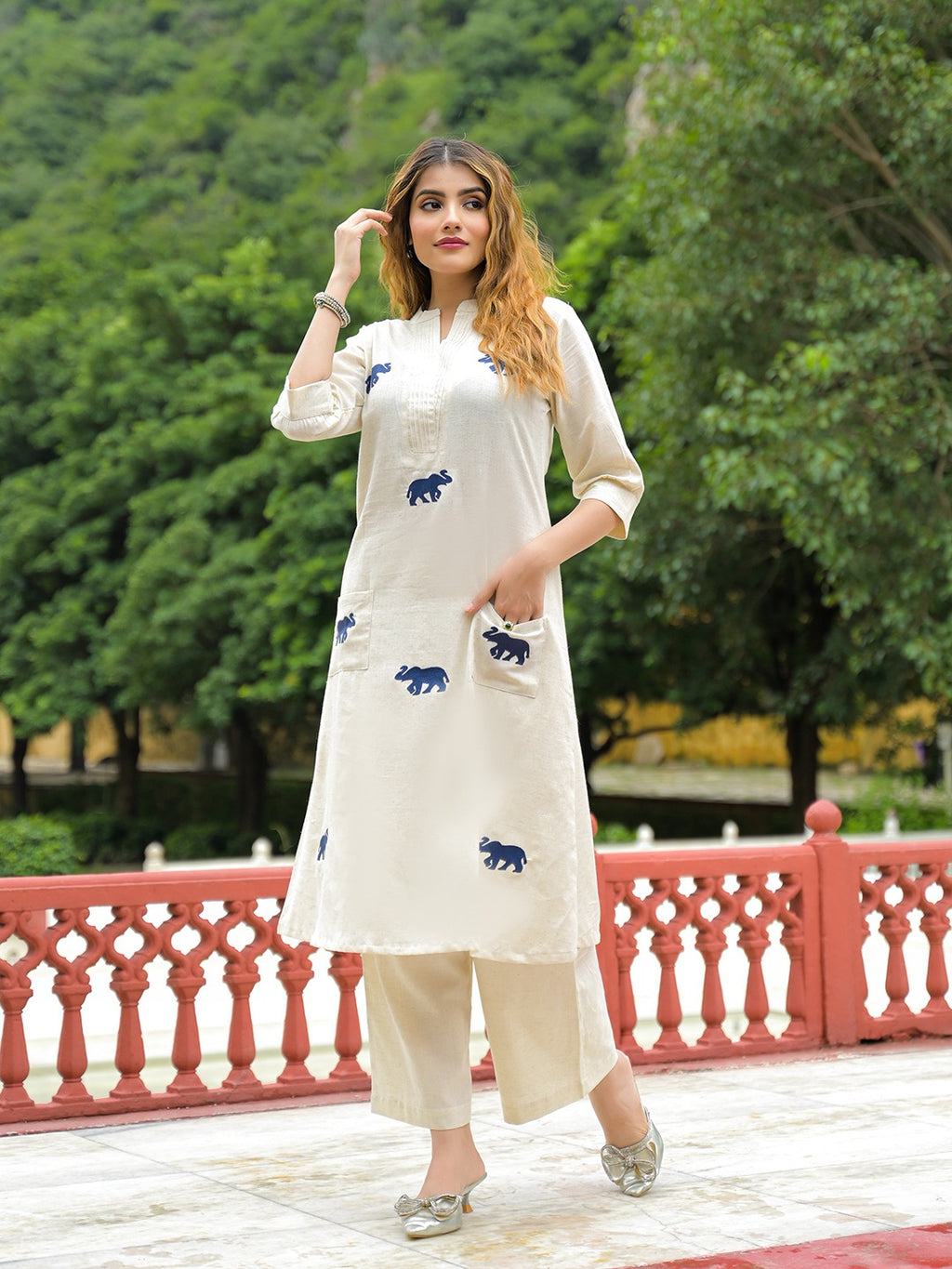 Women’s Off-White Embroidered Cotton Flex A-Line Kurta Palazzo Set