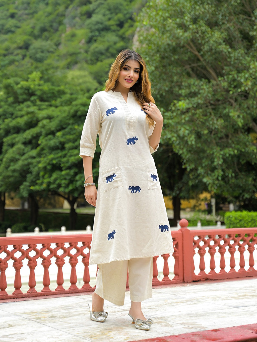 Women’s Off-White Embroidered Cotton Flex A-Line Kurta Palazzo Set