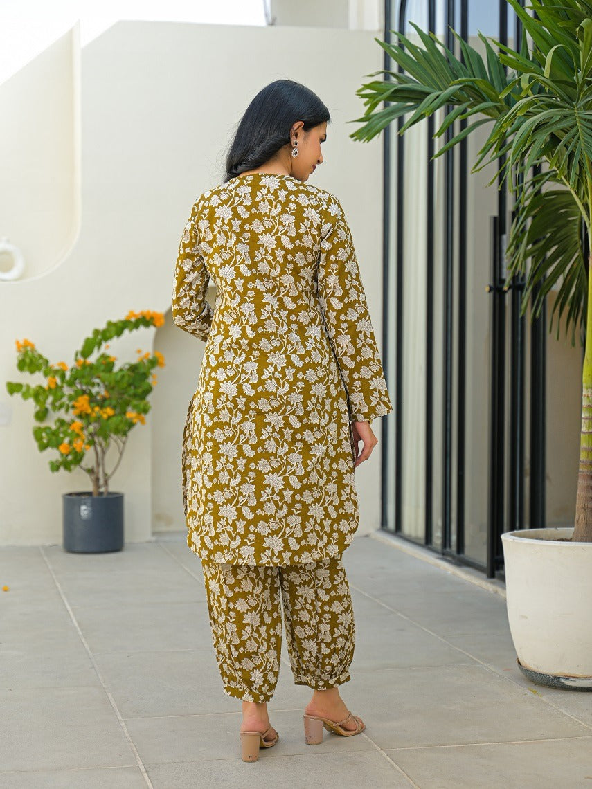 Women’s Olive Green Pure Cotton Kurta Afghani Co-ord Set