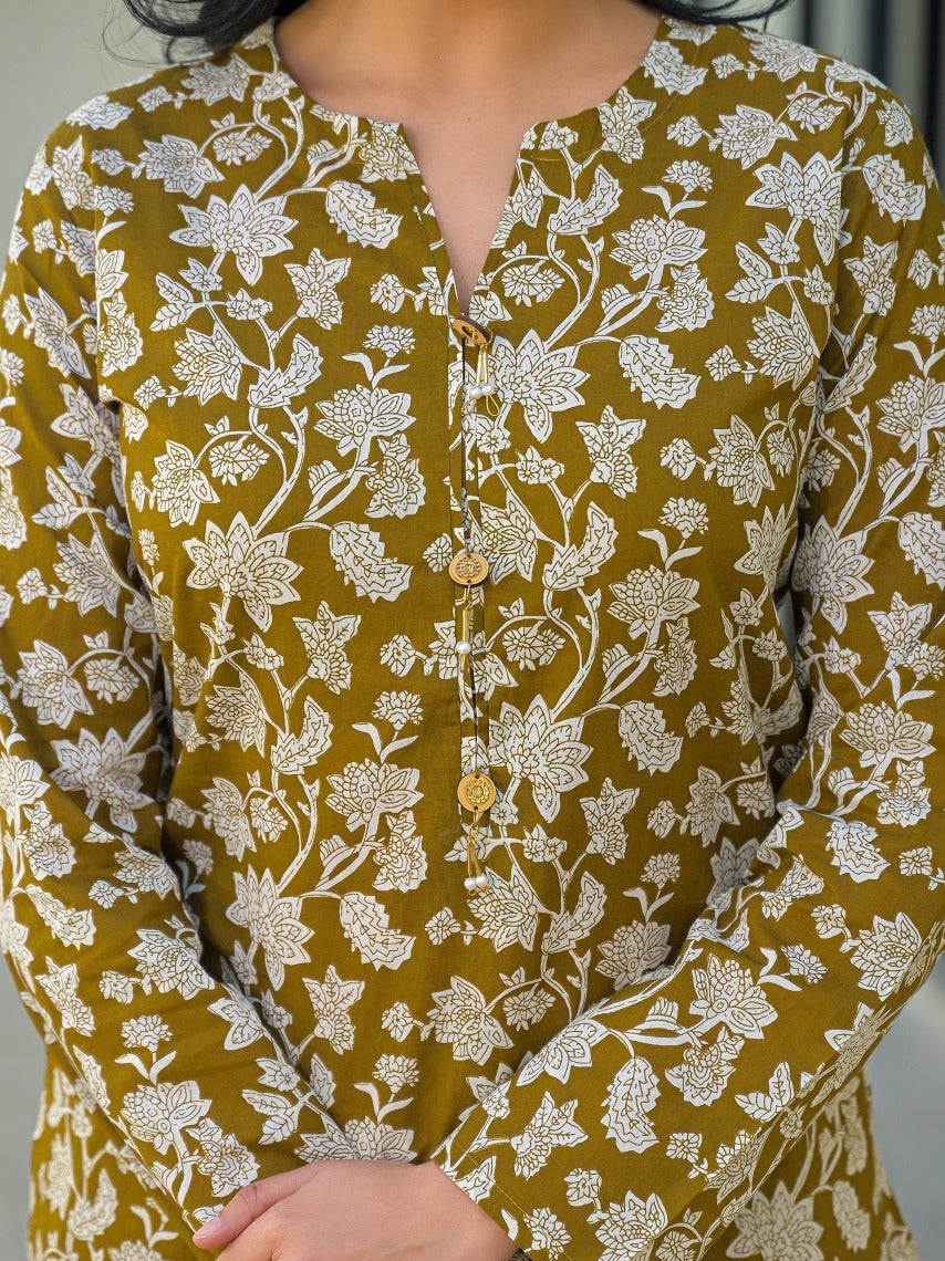 Women’s Olive Green Pure Cotton Kurta Afghani Co-ord Set