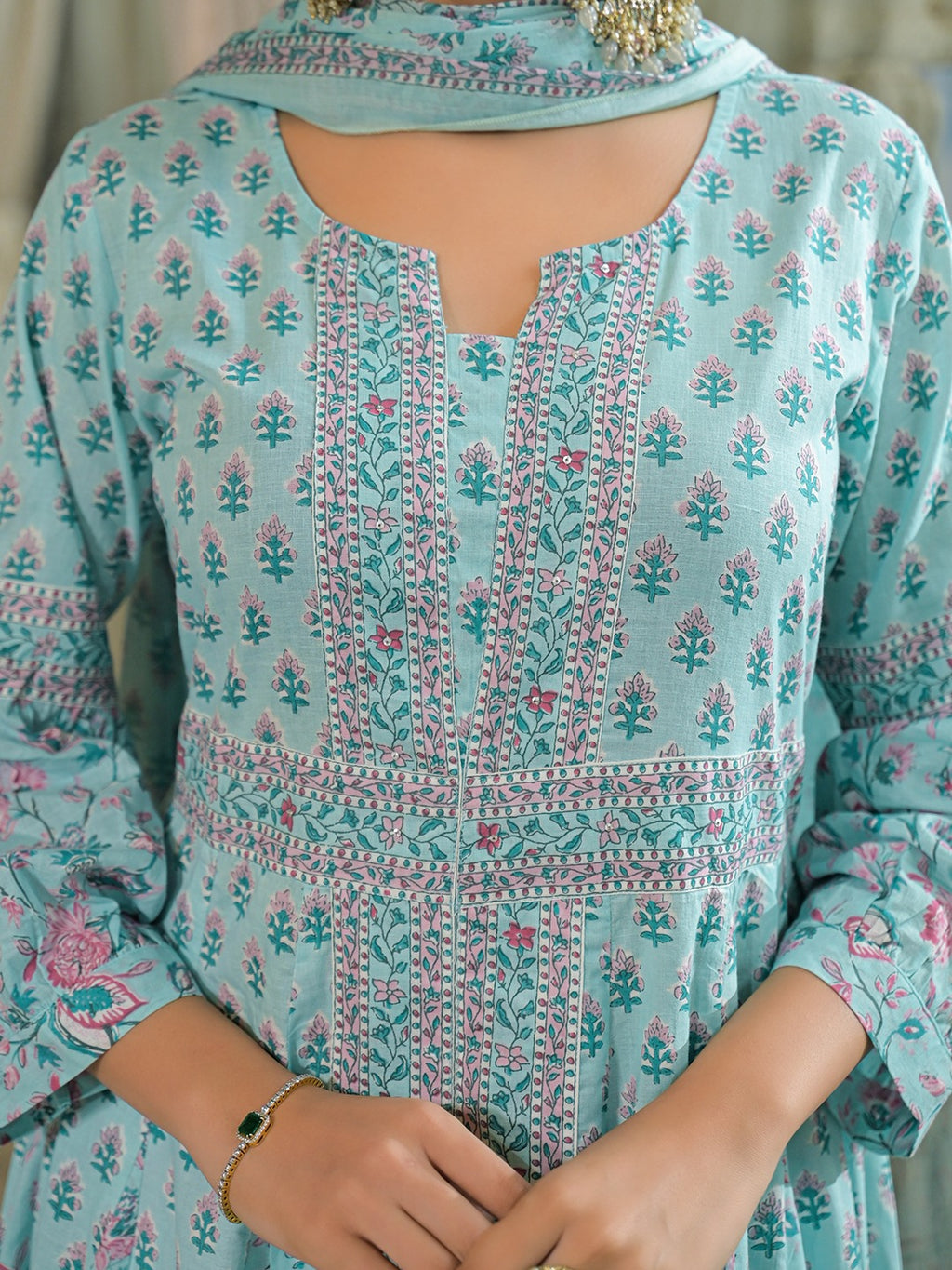 Women’s Sky Blue Ethnic Motif Pure Cotton Anarkali Kurta Pant Set With Dupatta