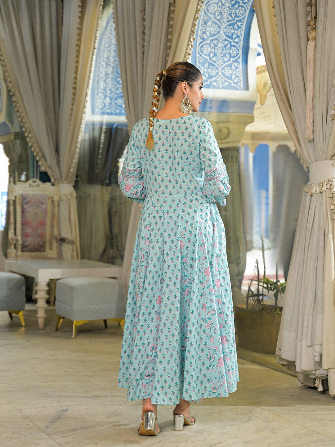 Women’s Sky Blue Ethnic Motif Pure Cotton Anarkali Kurta Pant Set With Dupatta