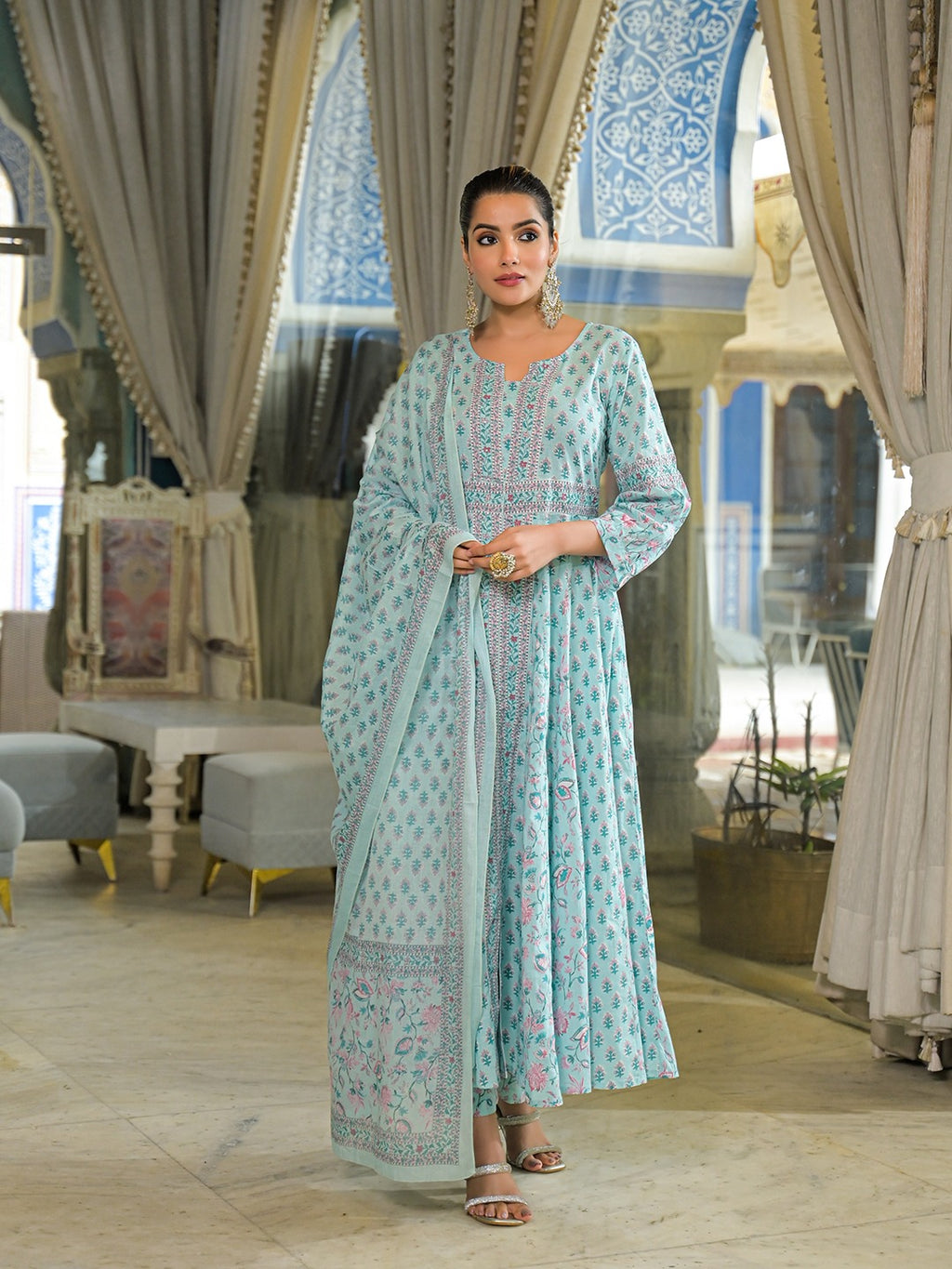 Women’s Sky Blue Ethnic Motif Pure Cotton Anarkali Kurta Pant Set With Dupatta
