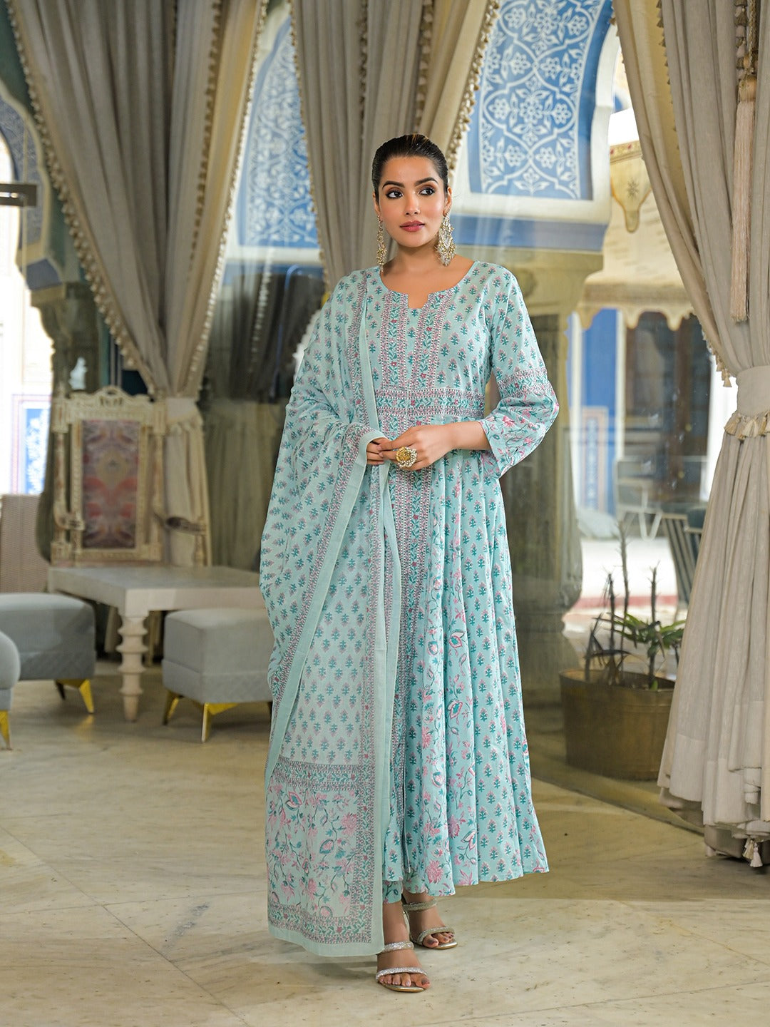 Women’s Sky Blue Ethnic Motif Pure Cotton Anarkali Kurta Pant Set With Dupatta