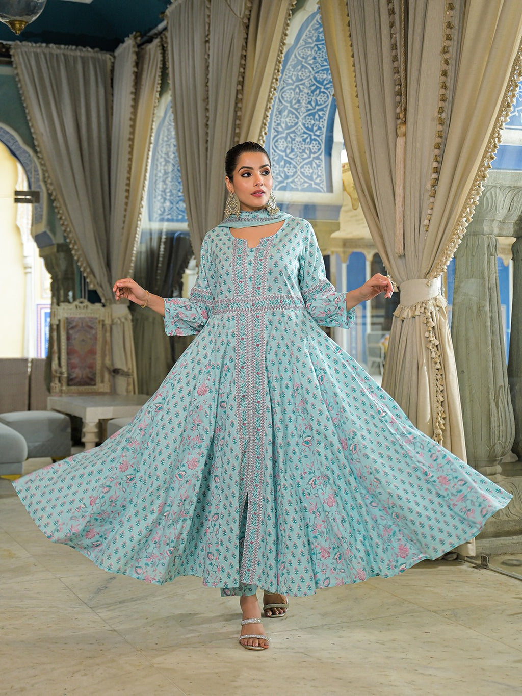 Women’s Sky Blue Ethnic Motif Pure Cotton Anarkali Kurta Pant Set With Dupatta
