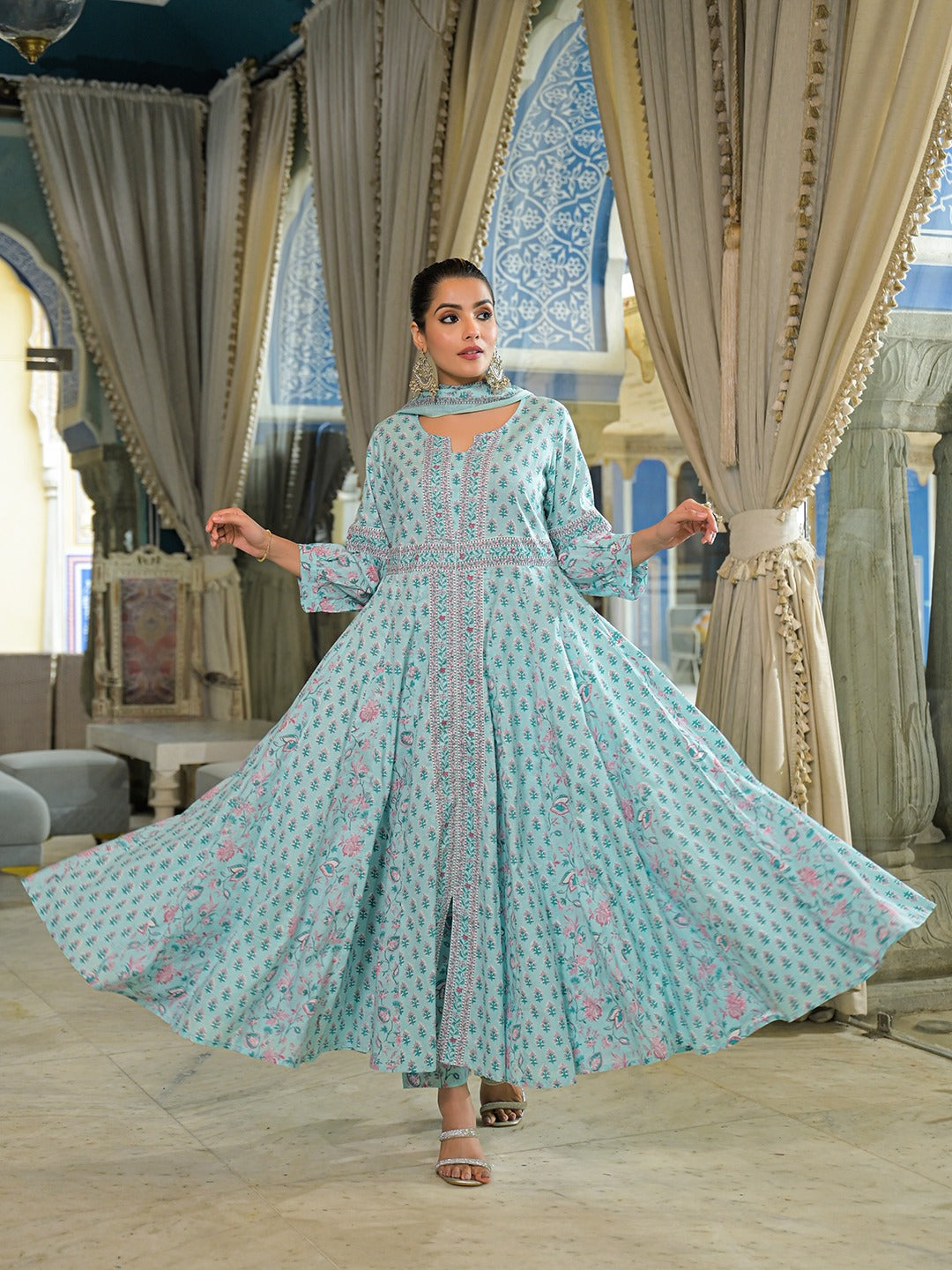 Women’s Sky Blue Ethnic Motif Pure Cotton Anarkali Kurta Pant Set With Dupatta
