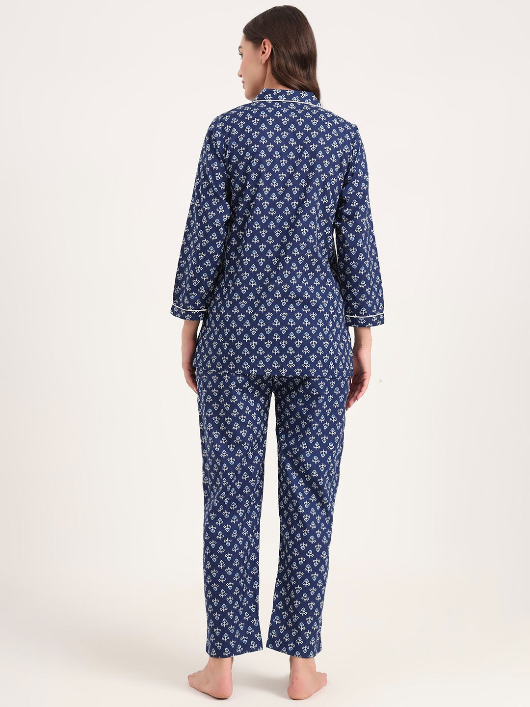 Women’s Blue Printed Pure Cotton Shirt Top Trousers Night Suit