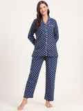 Women’s Blue Printed Pure Cotton Shirt Top Trousers Night Suit