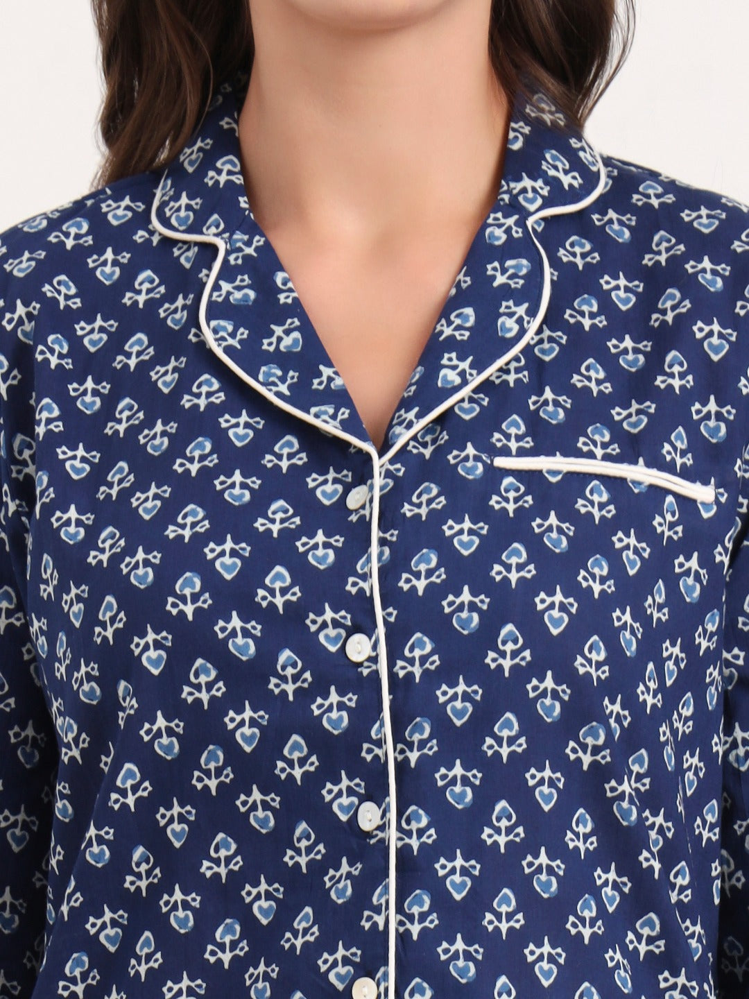 Women’s Blue Printed Pure Cotton Shirt Top Trousers Night Suit