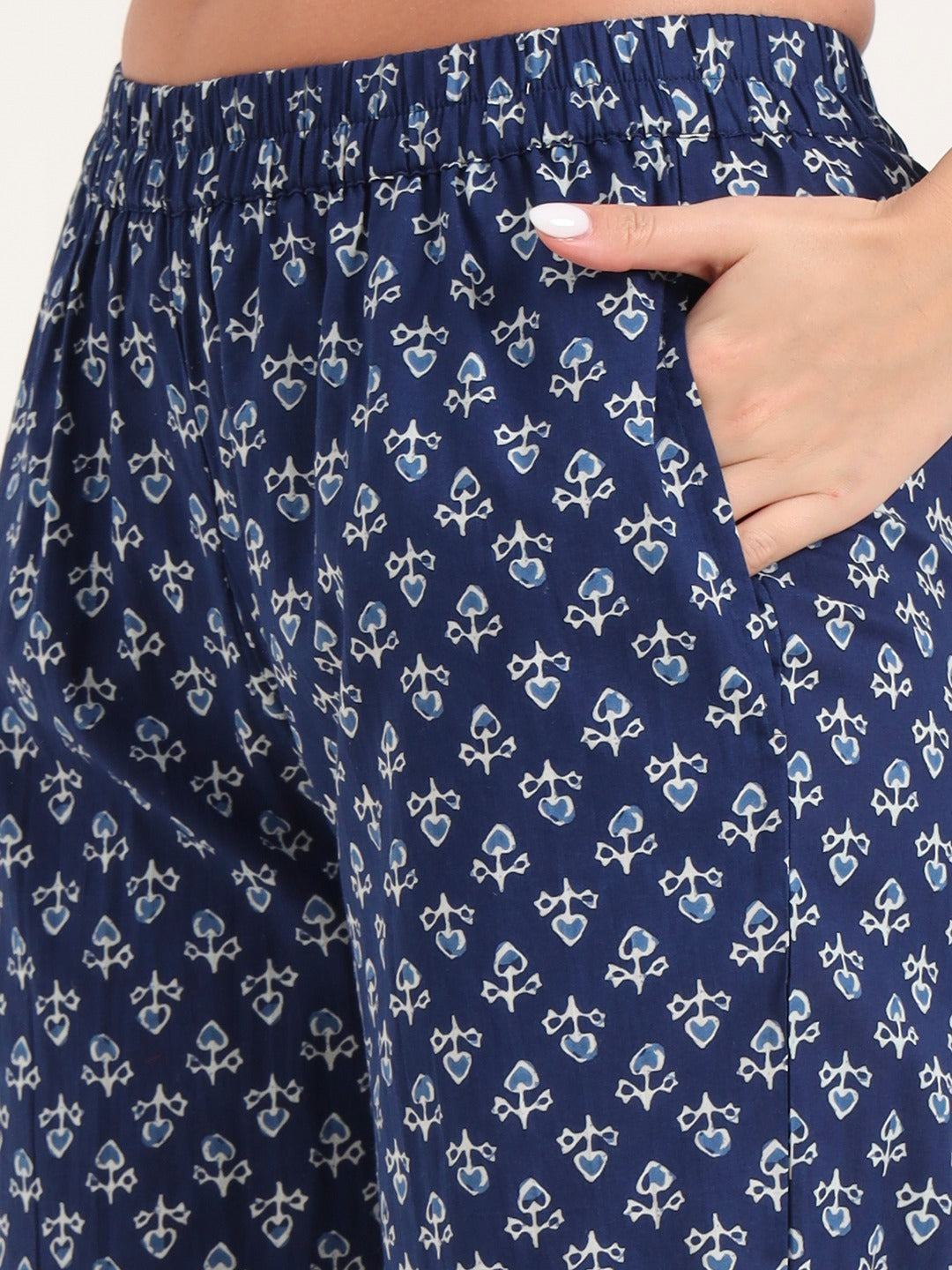 Women’s Blue Printed Pure Cotton Shirt Top Trousers Night Suit
