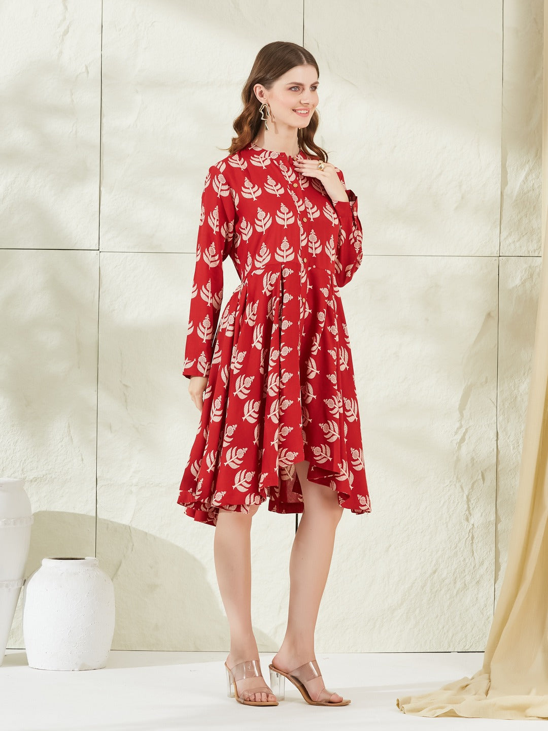 Women’s Red Viscose Rayon Boat Neck Knee-Length Dress