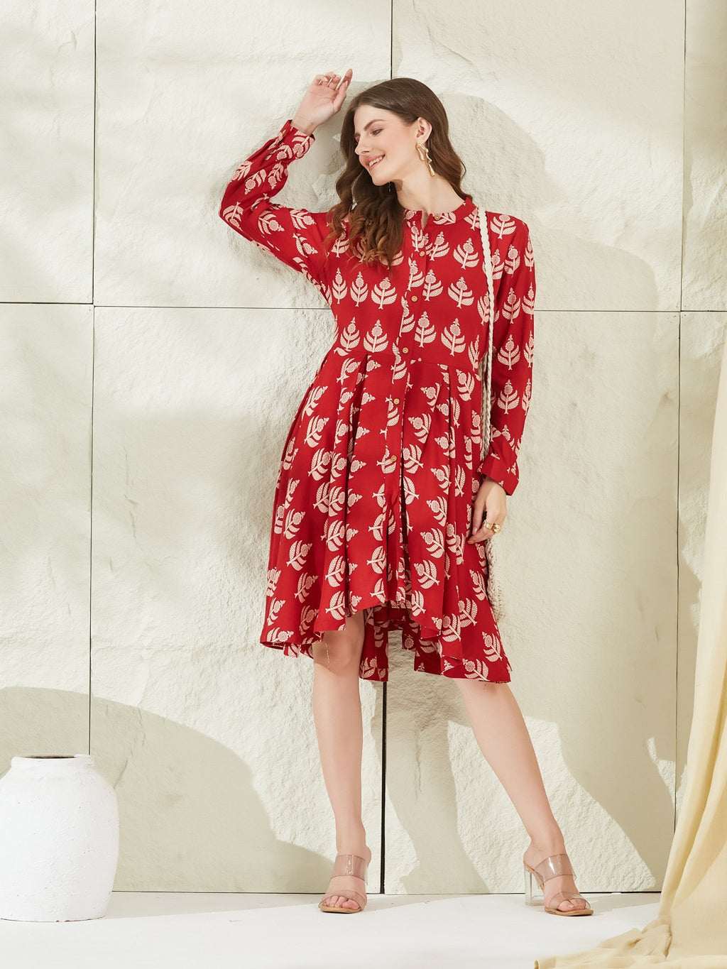 Women’s Red Viscose Rayon Boat Neck Knee-Length Dress