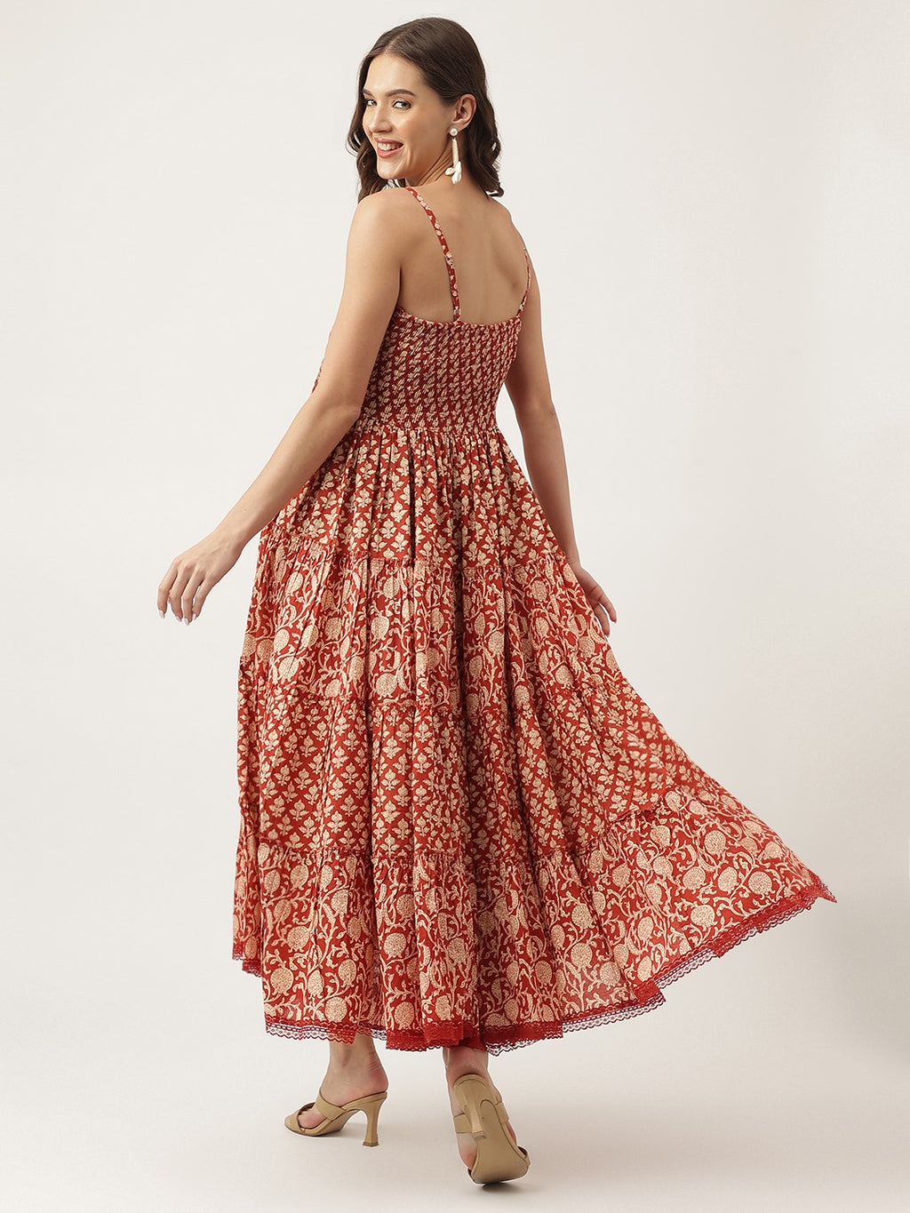 Women’s Maroon Floral Print Tiered Cotton Dress with Smocked Back