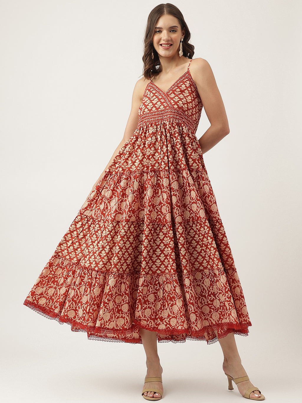 Women’s Maroon Floral Print Tiered Cotton Dress with Smocked Back