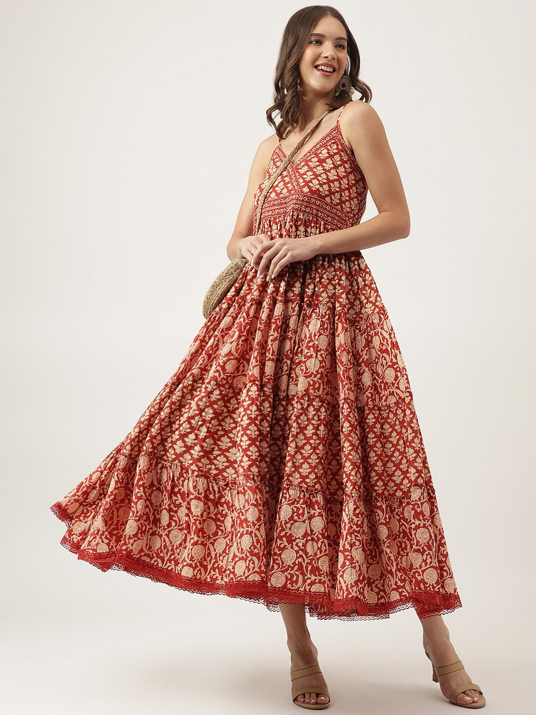 Women’s Maroon Floral Print Tiered Cotton Dress with Smocked Back