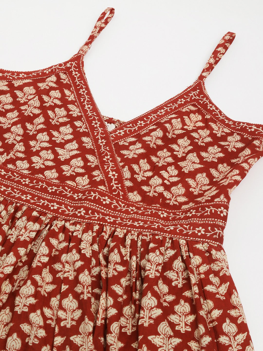 Women’s Maroon Floral Print Tiered Cotton Dress with Smocked Back