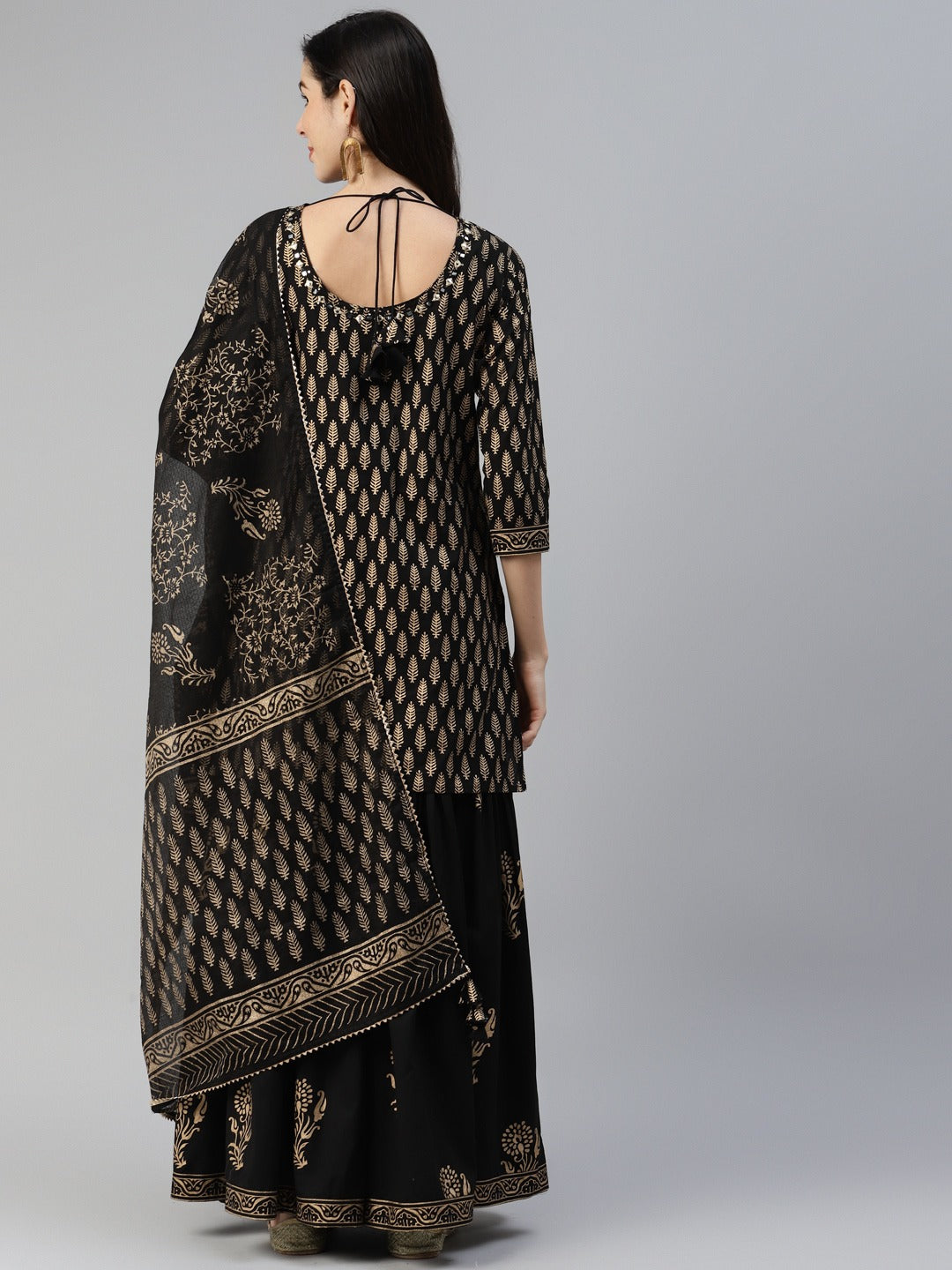 Women’s Black Gold Printed Cotton Kurta Sharara Set with Dupatta