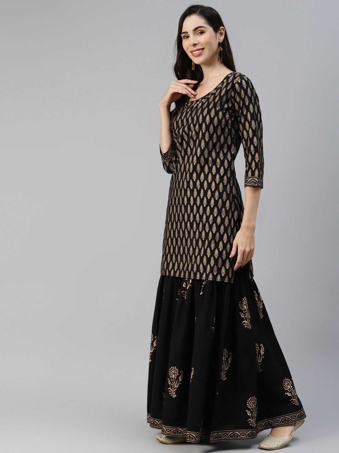 Women’s Black Gold Printed Cotton Kurta Sharara Set with Dupatta