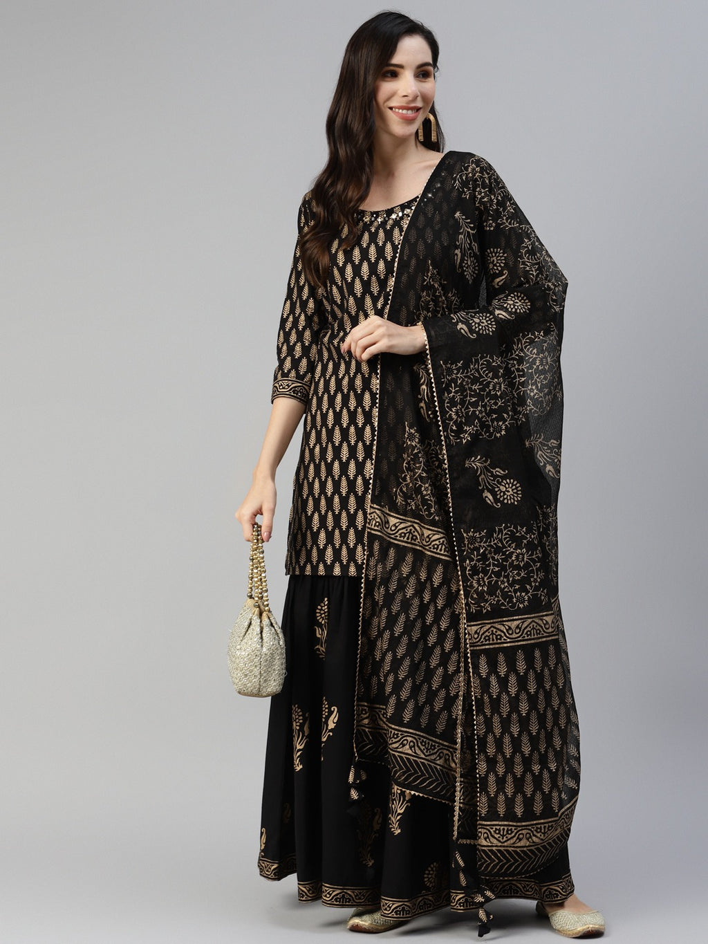 Women’s Black Gold Printed Cotton Kurta Sharara Set with Dupatta