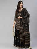 Women’s Black Gold Printed Cotton Kurta Sharara Set with Dupatta