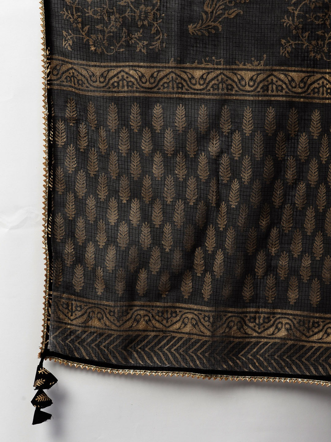 Women’s Black Gold Printed Cotton Kurta Sharara Set with Dupatta