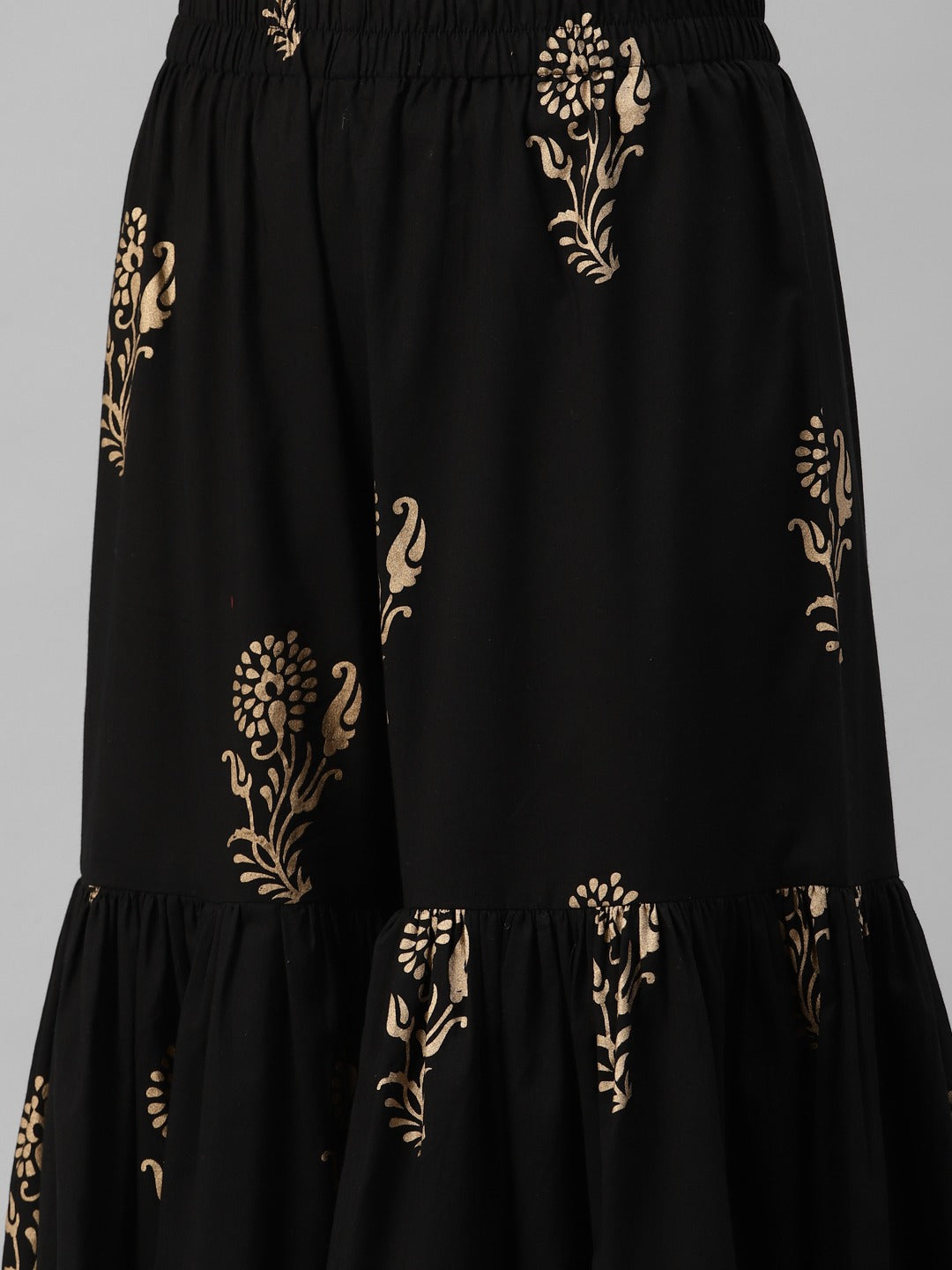 Women’s Black Gold Printed Cotton Kurta Sharara Set with Dupatta