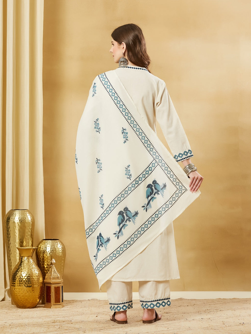 Women’s Off White & Blue Embroidered Cotton Flex A-Line Kurta Pant Set