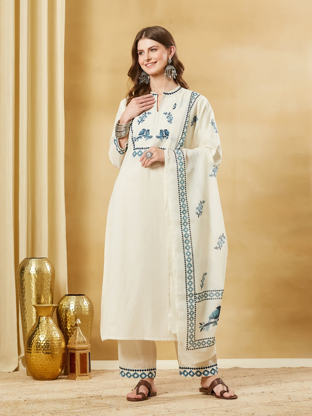Women’s Off White & Blue Embroidered Cotton Flex A-Line Kurta Pant Set